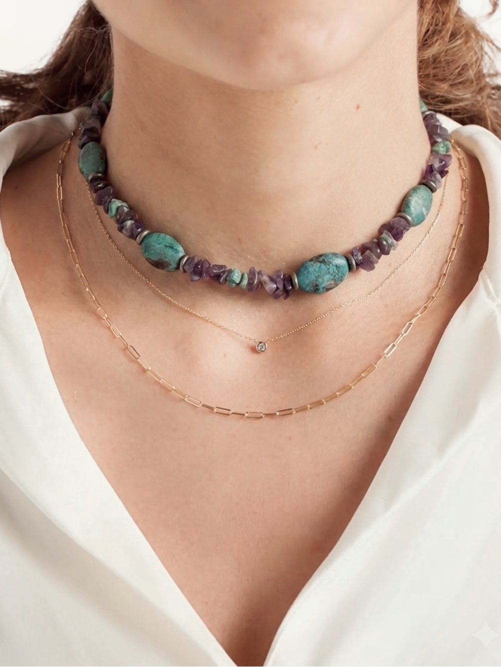Turquoise & Amethyst Chip Choker Necklace | Artisan | Toggle Clasp | 15”